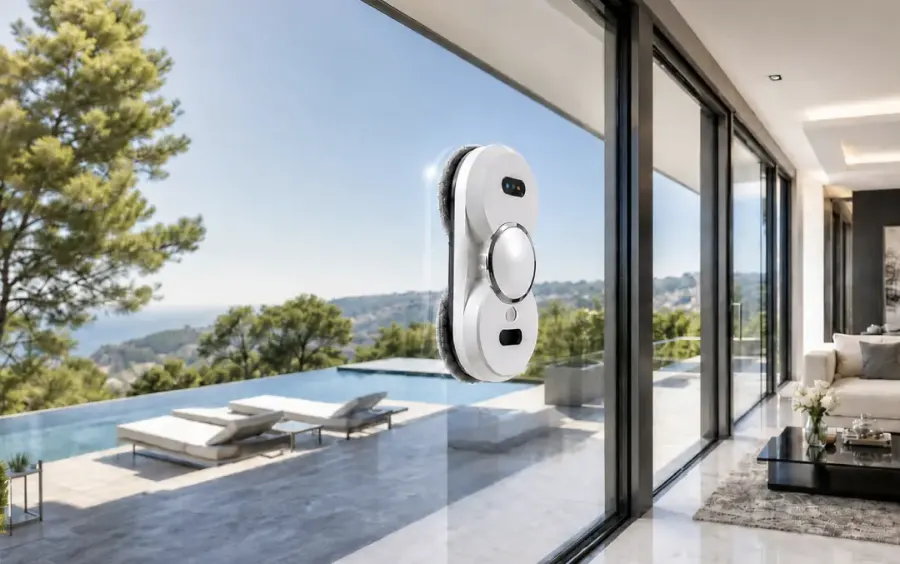 Qinux Windobotz on a floor-to-ceiling window